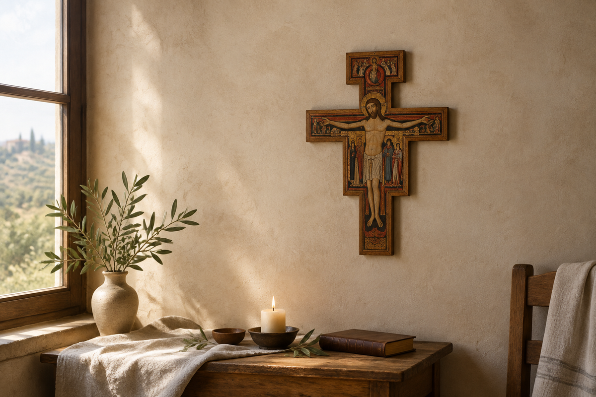 Rappresentazione editoriale di un crocifisso di San Damiano in un angolo di preghiera domestico