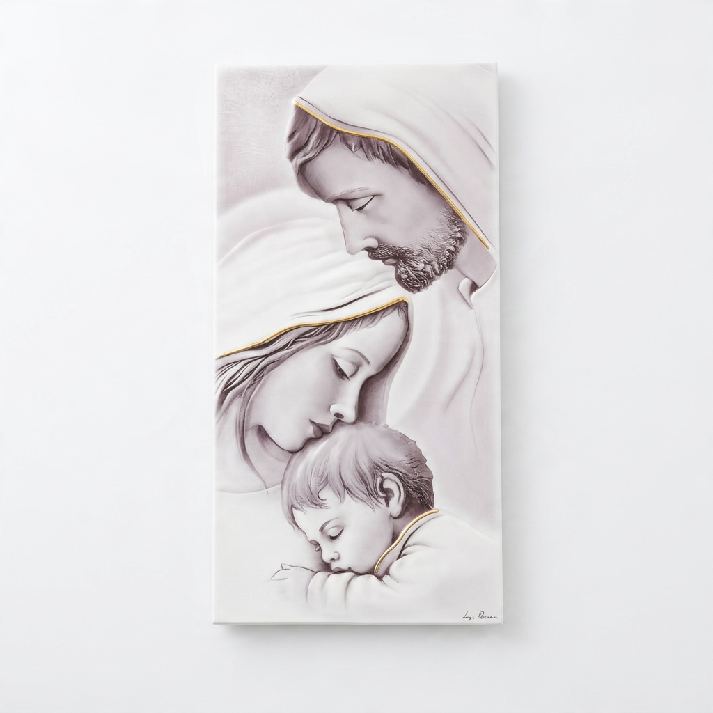Quadro Sacra Famiglia in legno con dettagli in argento